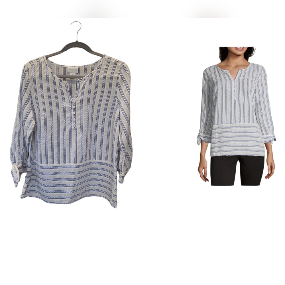 LIZ CLAIBORNE Striped Blue and White Women's Top
